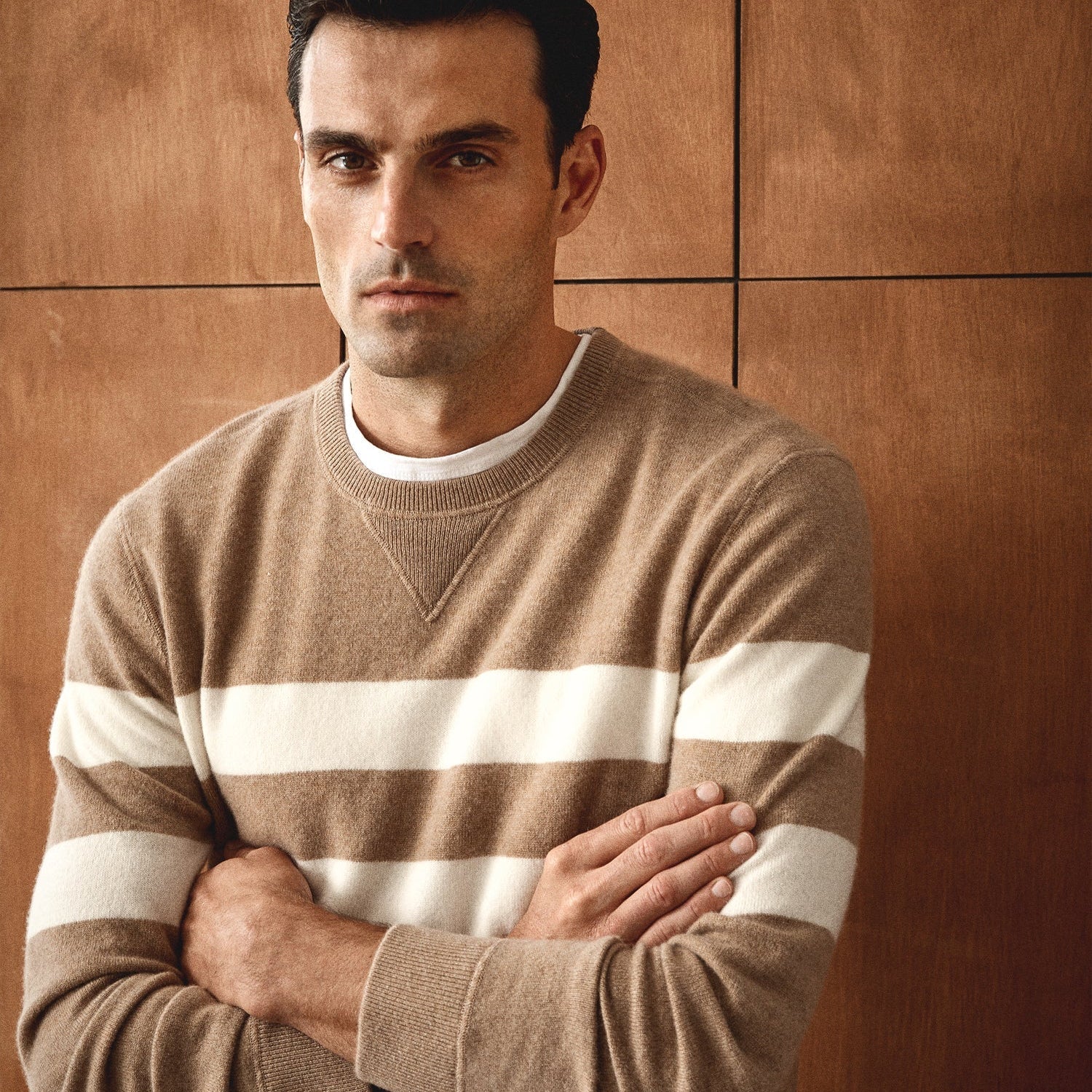 Cashmere Stripe Sweatshirt in Camel